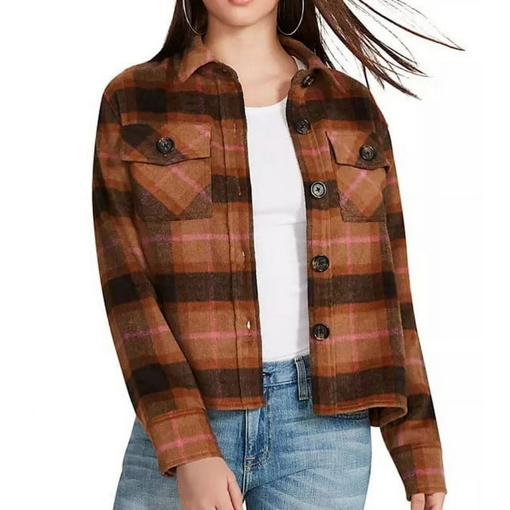 NWT BB Dakota By Steve Madden Women's Button Down Boxy Shacket - Cashew Plaid